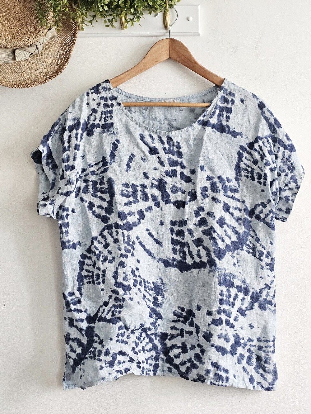 Bellandi Italy 100% Linen Blue Abstract Print Short Sleeve Top Women M